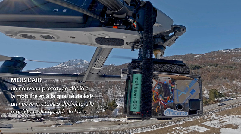 Le DJI Inspire 2 de Drone-Pictures équipé du système MobileAir d’AirCarto. Le capteur de 500 g a été spécialement intégré sous le drone pour les campagnes de mesure d’AtmoSud.